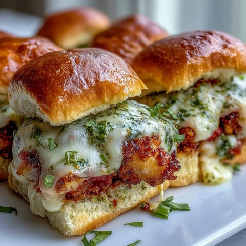 Twelve warm Pesto Chicken Parmesan Sliders arranged on a party tray with a small bowl of marinara for dipping.