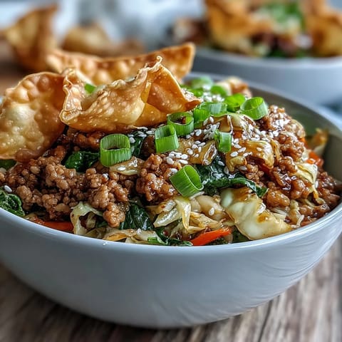 Crispy Baked Egg Roll Chicken Bowls with golden wonton strips over a savory ground chicken and vegetable mixture, served over rice.