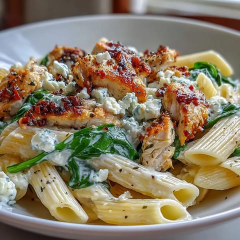 Sizzling golden chicken meets crumbled feta and penne in a vibrant Greek-inspired skillet meal.