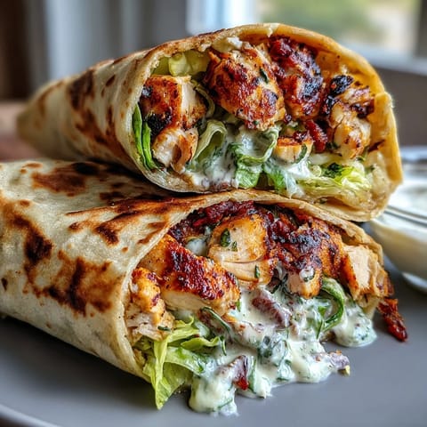 Warm grilled chicken strips and crisp romaine tossed in Caesar dressing inside a buttery garlic naan wrap topped with Parmesan.