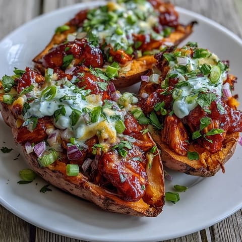 Golden roasted sweet potato boats overflowing with sticky honey BBQ chicken, topped with melted cheddar and fresh green onions.
