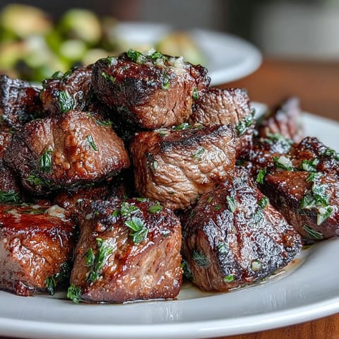 Golden-brown steak cubes coated in zesty lemon garlic butter, served alongside caramelized Brussels sprouts for a low-carb meal.  