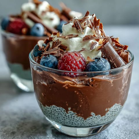 Rich, dark chocolate chia pudding topped with airy coconut cream and vibrant raspberries, perfect for a guilt-free breakfast or snack.