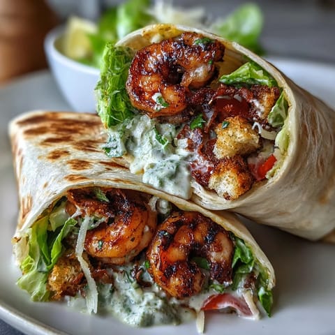 Juicy grilled shrimp and crunchy romaine lettuce wrapped with Caesar dressing in warm tortillas, perfect for a quick lunch or dinner.  