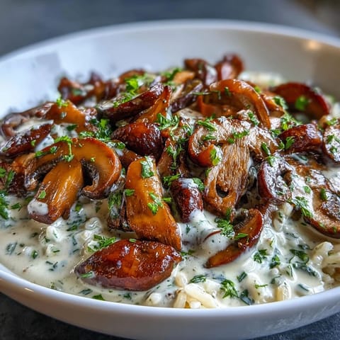 Wholesome brown rice topped with hearty mushrooms in a silky, dairy-free stroganoff sauce.  