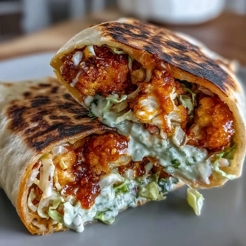 Spicy buffalo cauliflower florets baked until golden, paired with crunchy cabbage slaw and fresh avocado in hearty vegan wraps.