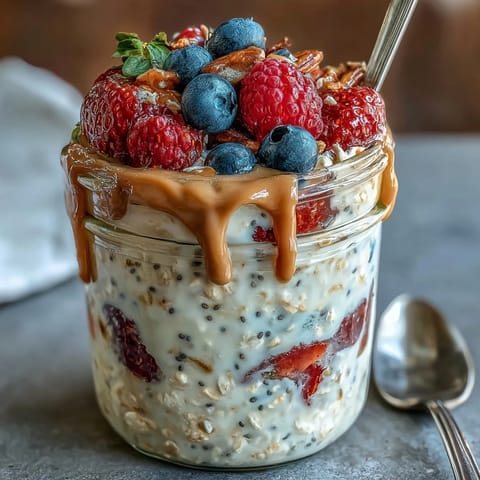 Clean Eating Berry Overnight Oats with Almond Butter Swirl in a glass jar, topped with fresh strawberries and blueberries, perfect for a healthy breakfast.