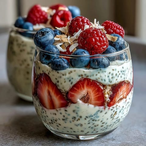 Layered Summer Berry Chia Pudding Cups with fresh strawberries, blueberries, and raspberries in glass jars for healthy meal prep.