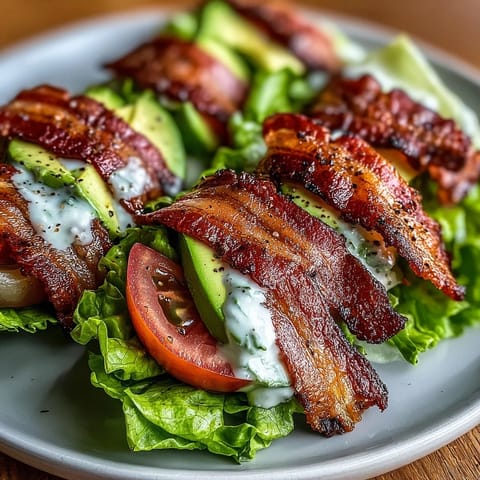 Fresh keto BLT lettuce wraps filled with crispy bacon, juicy tomatoes, and creamy avocado, drizzled with garlic mayo and cracked pepper.  