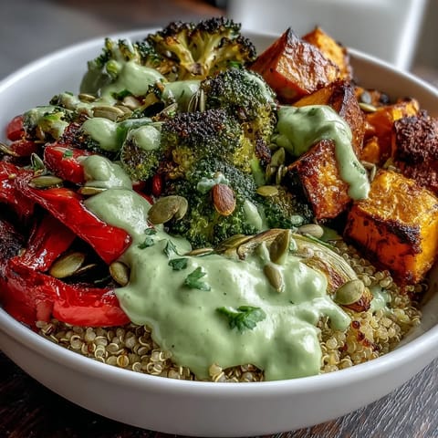 Roasted sweet potato, broccoli, and bell pepper Buddha bowl topped with herby avocado dressing and crunchy pumpkin seeds.  