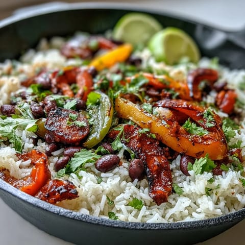 Colorful vegan fajita rice skillet with smoky peppers, black beans, and tender rice, garnished with fresh cilantro and lime wedges.  
