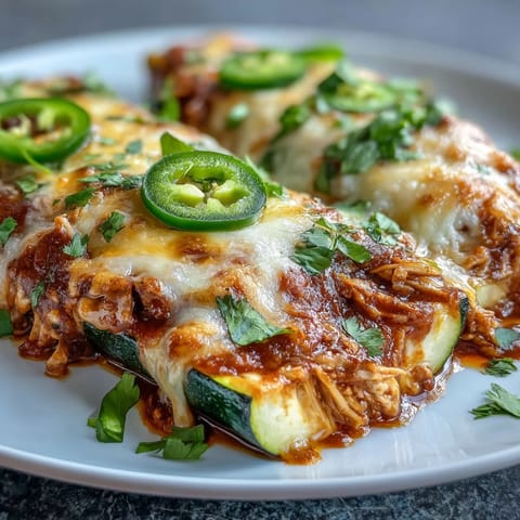 Low-carb zucchini boats stuffed with spiced chicken enchilada mix and topped with gooey melted cheese for a keto-friendly dinner.  