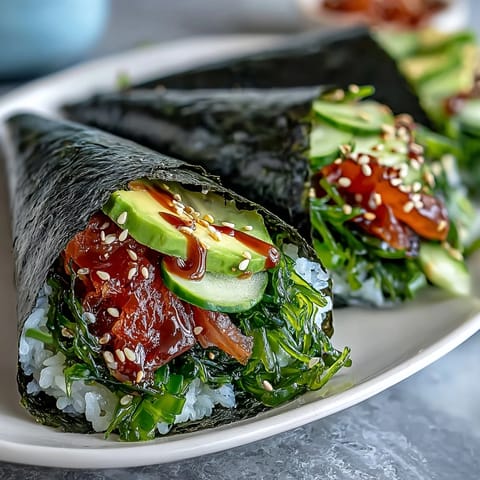 Fresh seaweed salad sushi hand rolls with crisp nori, seasoned rice, crunchy cucumber, and spicy mayo drizzle for a vibrant appetizer.