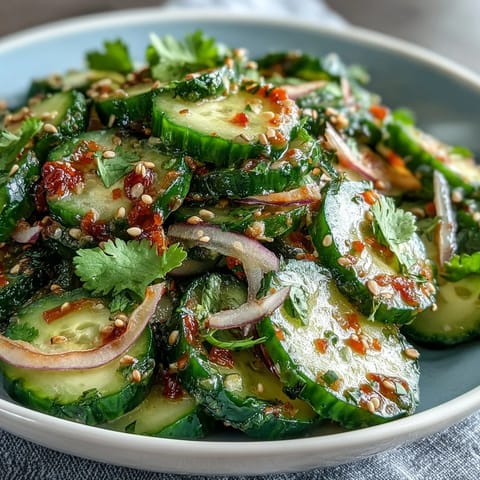 Crisp cucumbers and red onion tossed in a spicy, tangy lime dressing with chili flakes.  