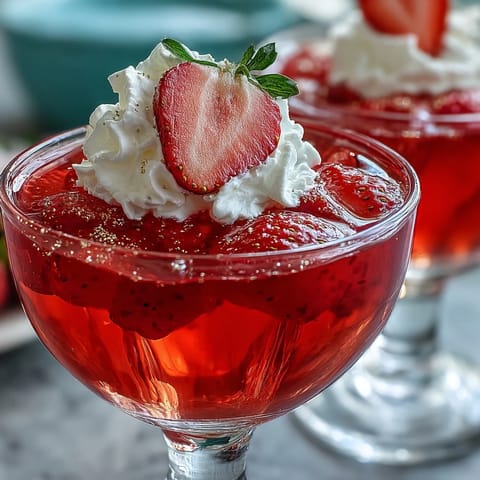 Sparkling strawberry champagne jello shots garnished with fresh berries and edible glitter for a festive Valentine's Day treat.