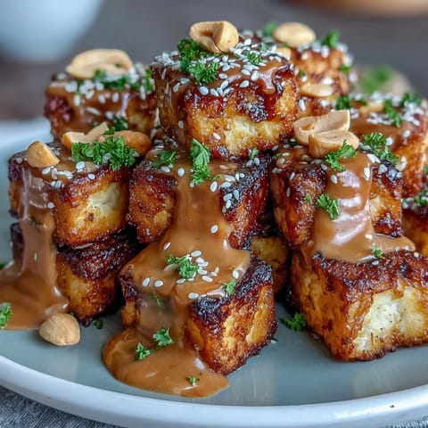 Crispy golden tofu cubes air-fried to perfection, drizzled with rich and creamy peanut sauce for a satisfying vegan meal.  
