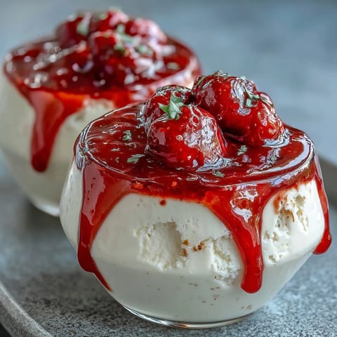 Silky vanilla panna cotta topped with a vibrant homemade strawberry sauce, perfect for a romantic Valentine's Day dessert.  