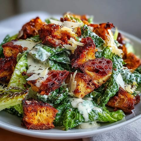 This classic Caesar salad features homemade sourdough croutons, fresh romaine, and a rich, garlicky dressing topped with shaved Parmesan.  