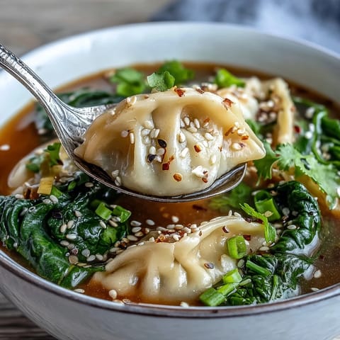 Fragrant ginger and garlic infuse this comforting Asian dumpling soup, featuring plump dumplings, crisp bok choy, and julienned carrots.  