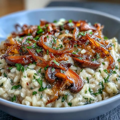 Creamy caramelized onion and mushroom risotto with golden onions, savory mushrooms, and Parmesan in a rich, comforting dish.