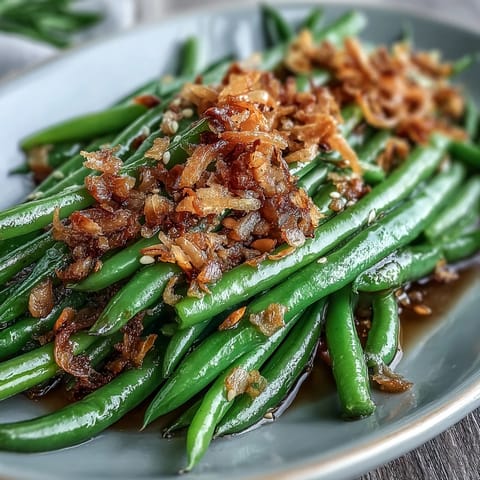 Crispy green beans sautéed with garlic and sesame, topped with golden fried onions for an irresistible side dish.  