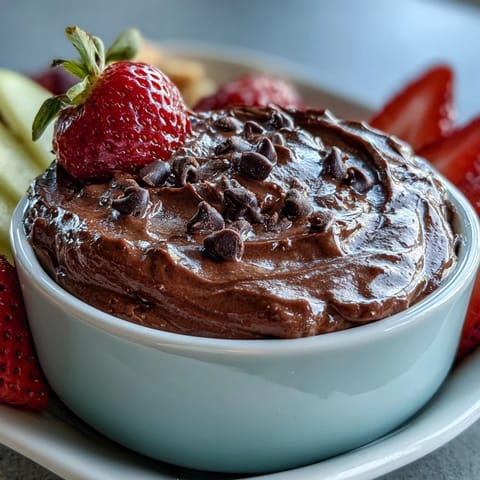 Creamy cottage cheese brownie batter dip with mini chocolate chips, served with fresh strawberries, apple slices, and banana wedges for dipping.
