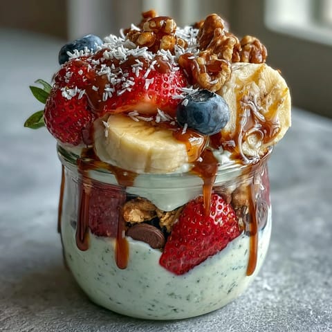 Fluffy Yogurt Banana Split Breakfast Jar with fresh berries and granola in a glass jar.  