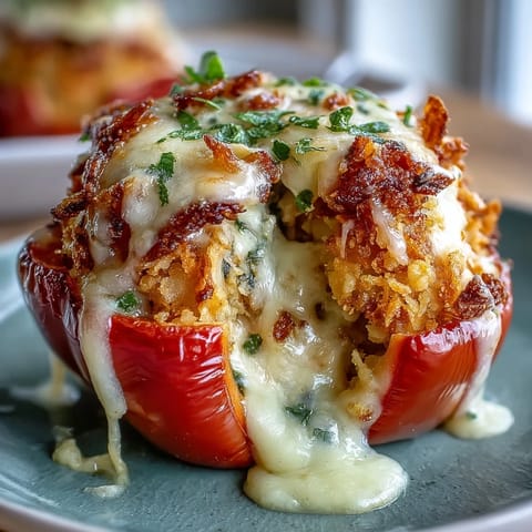 Funeral potatoes stuffed bell peppers with creamy hash brown filling and golden cornflake topping.