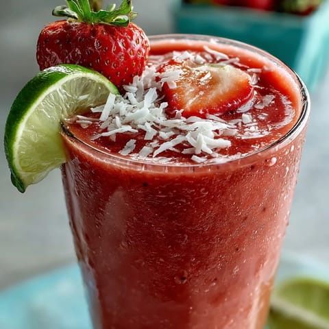 Refreshing vegan smoothie blending frozen strawberries and coconut milk, topped with shredded coconut and fresh strawberry slices for a tropical twist.  