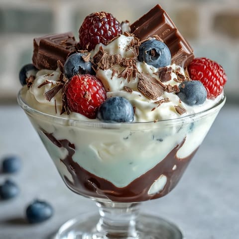 Fluffy Yogurt Berry Sundaes with Dark Chocolate Shavings in elegant glasses topped with fresh mint.