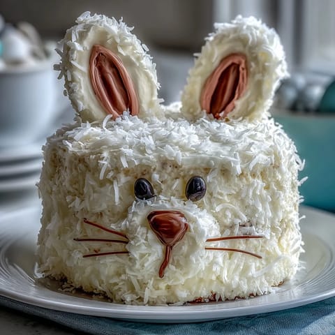 A whimsical Easter Bunny Cake with Coconut Frosting, featuring soft vanilla layers and a fluffy coconut topping for a festive spring dessert.