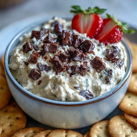 A creamy cottage cheese cookie dough dip topped with mini chocolate chips and served with fresh strawberries and apple slices.  