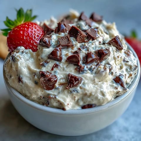 A healthy dessert dip blending cottage cheese, almond butter, and chocolate chips, perfect for fruit platters or snack boards.  