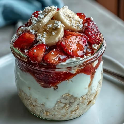 Layered strawberry banana overnight oats with chia seeds, topped with juicy fruit for a vibrant, healthy start.  