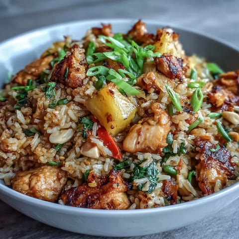 Tropical Hawaiian pineapple chicken fried rice bursting with sweet pineapple, savory chicken, and crisp vegetables in every colorful bite.  