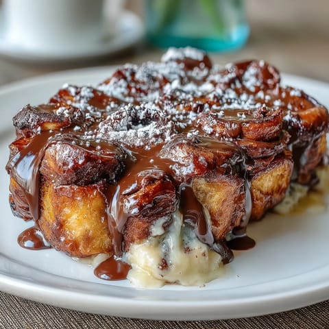 Decadent chocolate croissant bread pudding with rich custard, golden baked croissants, and melted chocolate chips in a cozy brunch dish.