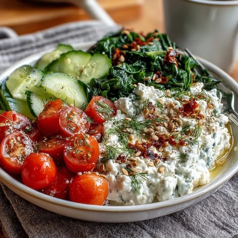 A vibrant cottage cheese breakfast bowl topped with fresh veggies, herbs, and a drizzle of olive oil.