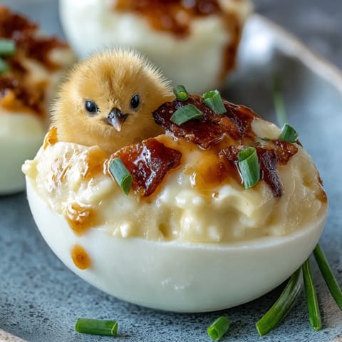 Adorable deviled egg chicks with carrot beaks and peppercorn eyes, perfect for Easter appetizers.