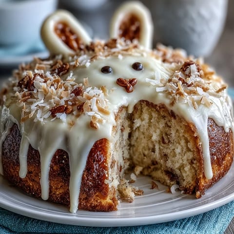 Sparkling Easter bunny cake featuring moist vanilla layers, buttercream frosting, and edible gold sprinkles for a magical holiday centerpiece.  
