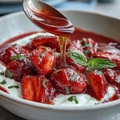 A vibrant bowl of creamy Greek yogurt topped with fresh strawberry compote, crunchy nuts, and a drizzle of golden honey.