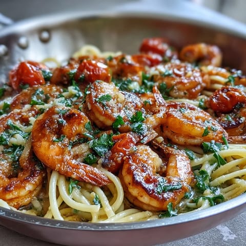 A steaming skillet of One-Pot Garlic Shrimp with Angel Hair, bright lemon zest and fresh parsley adding vibrant color and aroma.