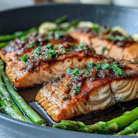 Garlic Butter Salmon with Asparagus, roasted to perfection, glistening with golden garlic butter sauce and lemon slices.
