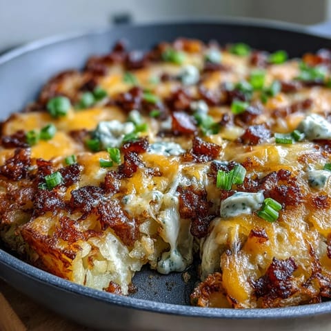 Overnight Amish Breakfast Casserole for a Crowd with sausage, potatoes, and melted cheese, baked until golden and bubbling.
