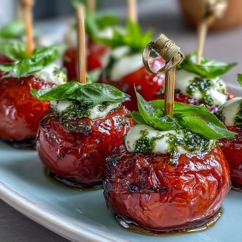 Vibrant Caprese skewers with cherry tomatoes, mozzarella, and basil, drizzled with fresh basil pesto for a flavorful appetizer.  