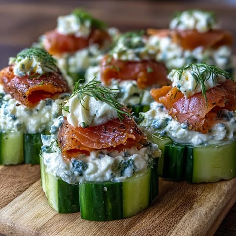 Crisp cucumber rounds topped with creamy dill-infused cheese and smoked salmon for an elegant, refreshing appetizer.  