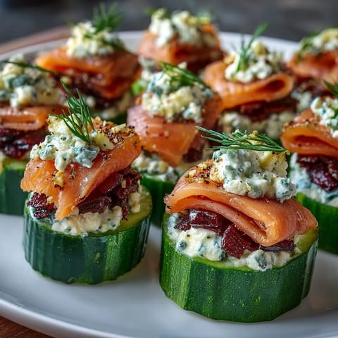 Refreshing cucumber bites with smooth cream cheese and savory smoked salmon, garnished with capers and fresh dill.  