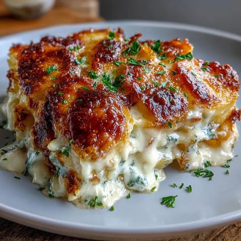 Layers of Yukon Gold potatoes baked in rich garlic cream sauce, topped with melted Gruyère and Parmesan cheese for ultimate comfort food.