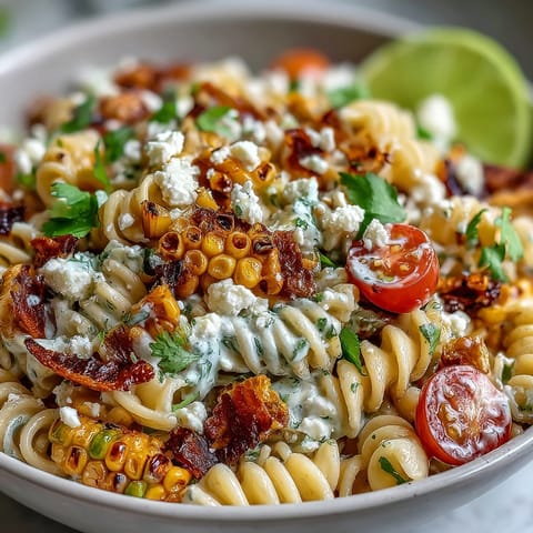 Mexican Street Corn Elote Pasta Salad with charred corn and cotija cheese in a tangy lime dressing.