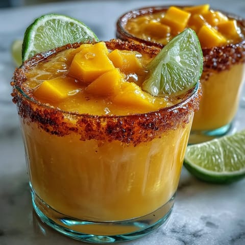 Frozen mango margarita mocktail in a salt-rimmed glass with fresh lime and mango garnish, icy and vibrant.