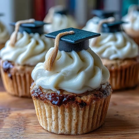 Moist vanilla cupcakes topped with creamy buttercream and handmade fondant graduation caps for a festive celebration treat.